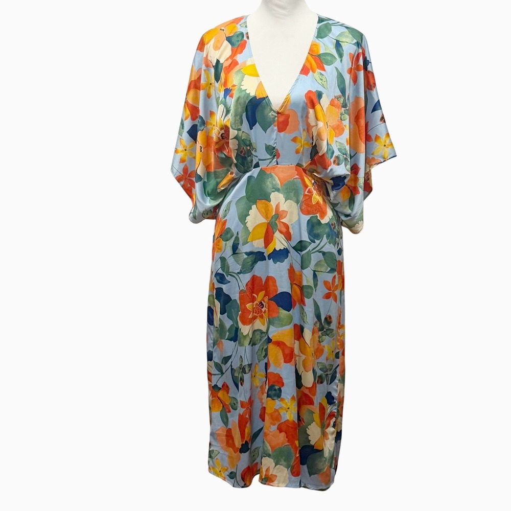 She + Sky Maxi Dress Womens M Blue Floral Satin Kimono Boho Vacation Floral